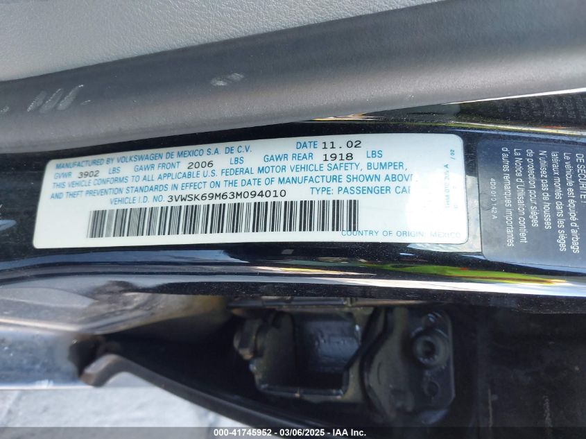2003 Volkswagen Jetta Gls 2.0L VIN: 3VWSK69M63M094010 Lot: 41745952