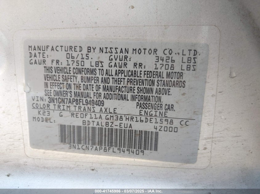 2015 NISSAN VERSA VIN: 3N1CN7AP8FL949409