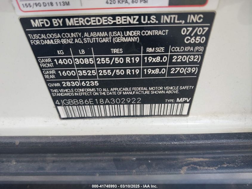 2008 Mercedes-Benz Ml 350 4Matic VIN: 4JGBB86E18A302922 Lot: 41745993