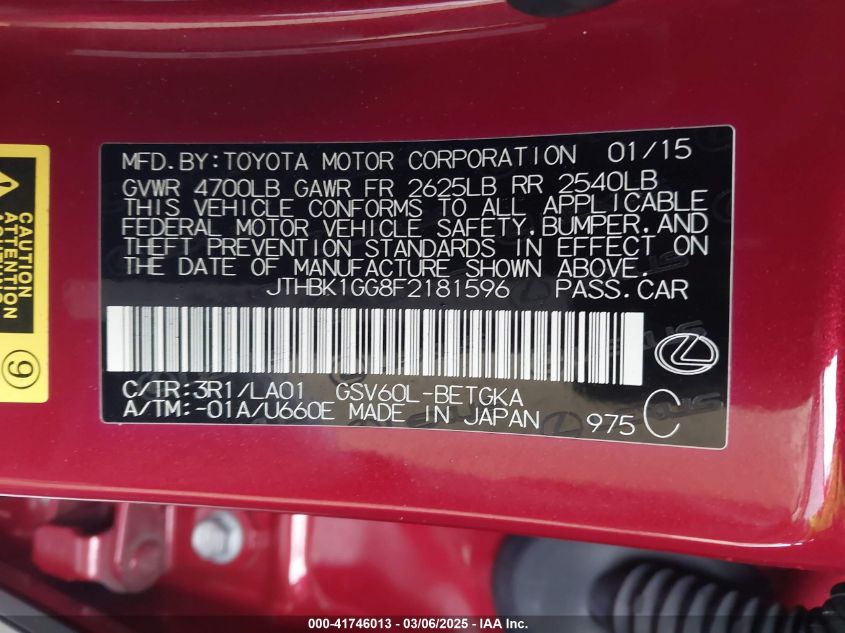 2015 Lexus Es 350 VIN: JTHBK1GG8F2181596 Lot: 41746013