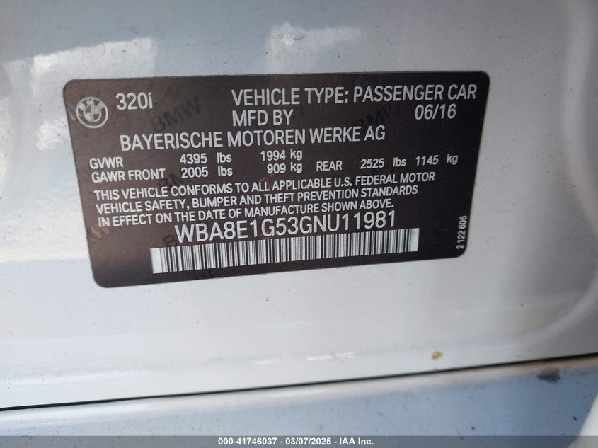 2016 BMW 320I VIN: WBA8E1G53GNU11981