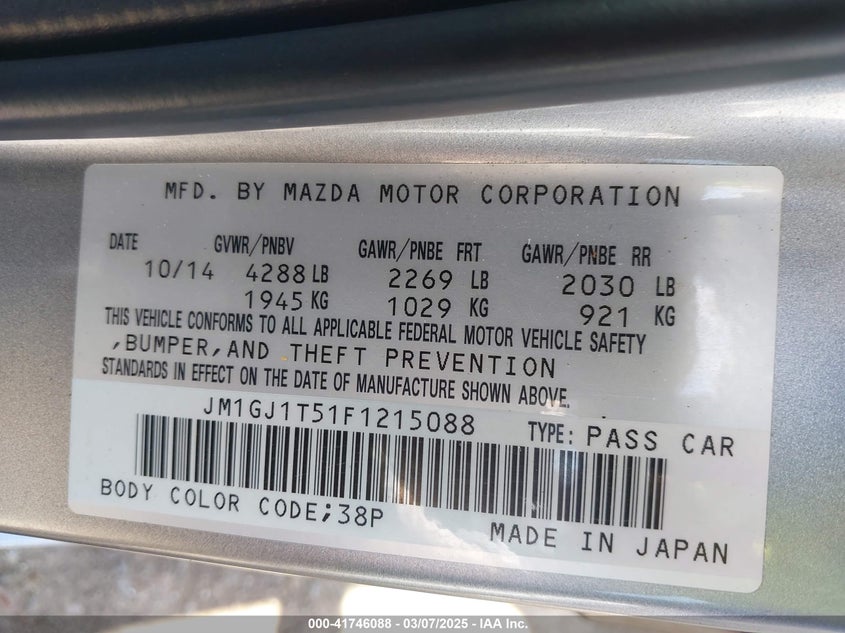 2015 MAZDA MAZDA6 VIN: JM1GJ1T51F1215088