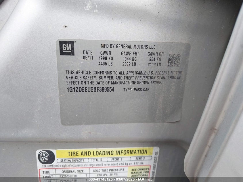 2011 CHEVROLET MALIBU VIN: 1G1ZD5EU5BF389554