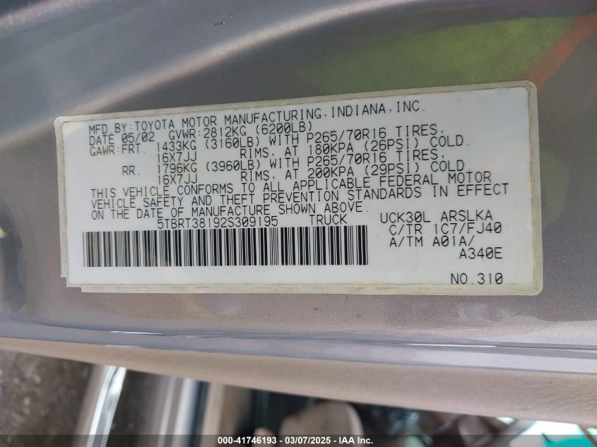 2002 Toyota Tundra Ltd V8 VIN: 5TBRT38192S309195 Lot: 41746193