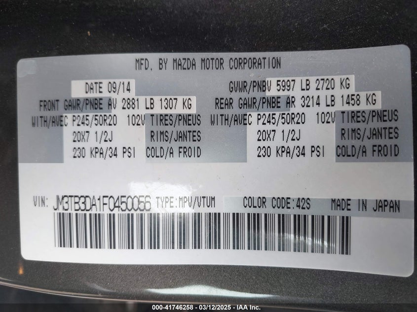 2015 MAZDA CX-9 GRAND TOURING - JM3TB3DA1F0450056