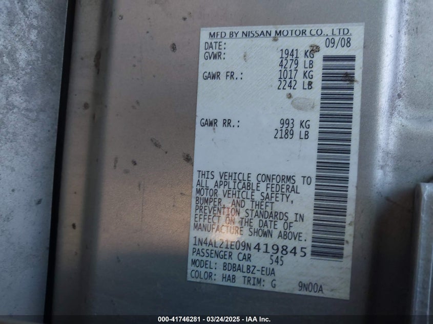 2009 NISSAN ALTIMA VIN: 1N4AL21E09N419845