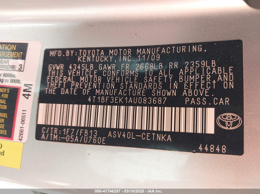 2010 TOYOTA CAMRY VIN: 4T1BF3EK1AU083687
