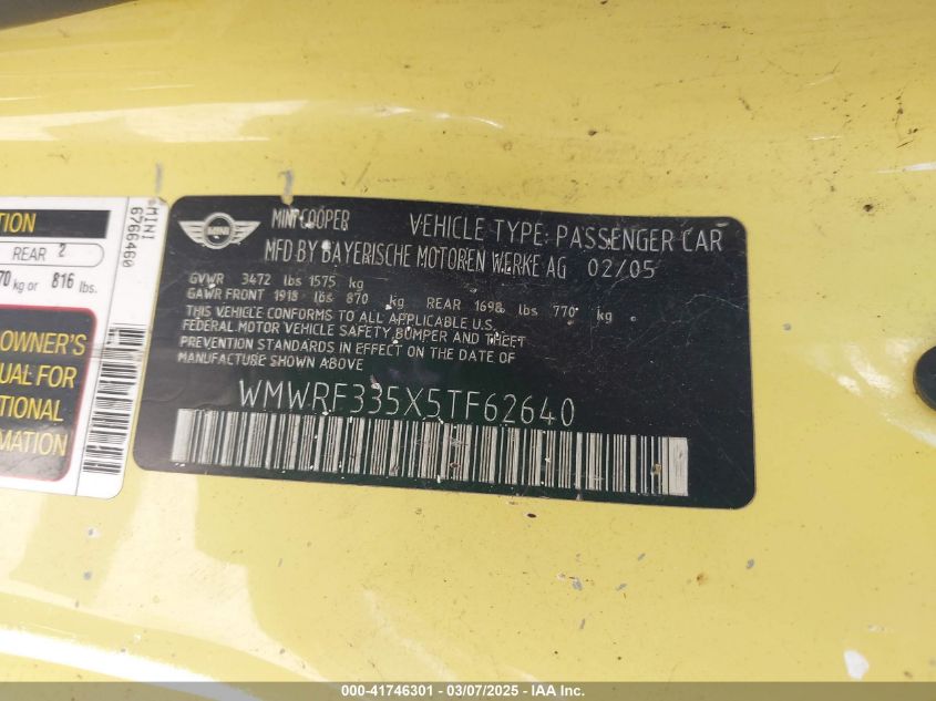 2005 Mini Cooper VIN: WMWRF335X5TF62640 Lot: 41746301