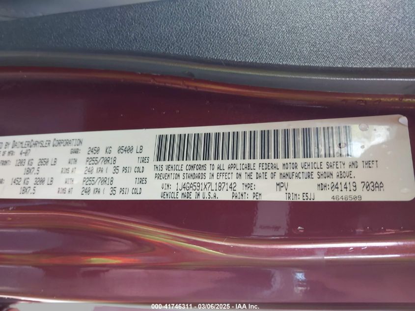 2007 Jeep Wrangler Unlimited Sahara VIN: 1J4GA591X7L187142 Lot: 41746311