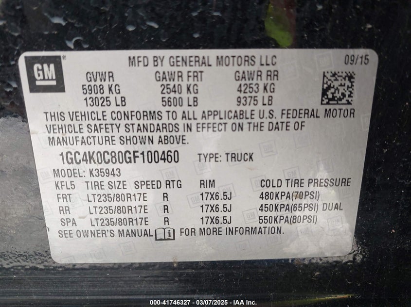2016 CHEVROLET SILVERADO VIN: 1GC4K0C80GF100460