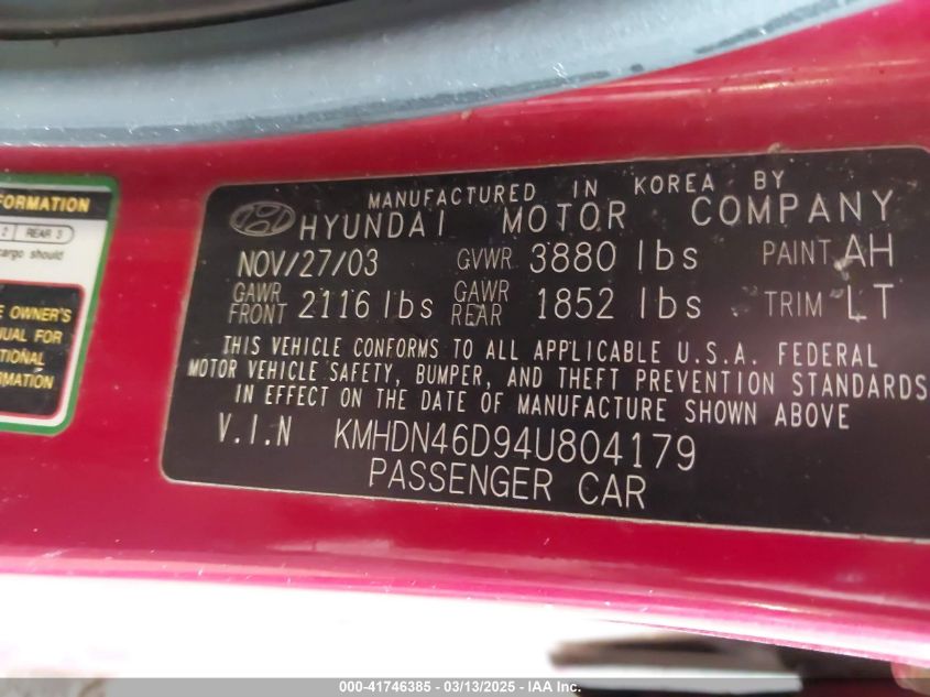 2004 Hyundai Elantra Gls/Gt VIN: KMHDN46D94U804179 Lot: 41746385