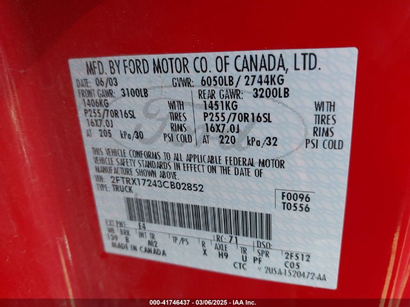 2003 Ford F-150 Xl/Xlt VIN: 2FTRX17243CB02852 Lot: 41746437