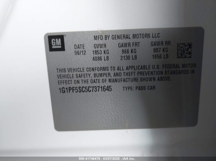 2012 CHEVROLET CRUZE VIN: 1G1PF5SC5C7371645