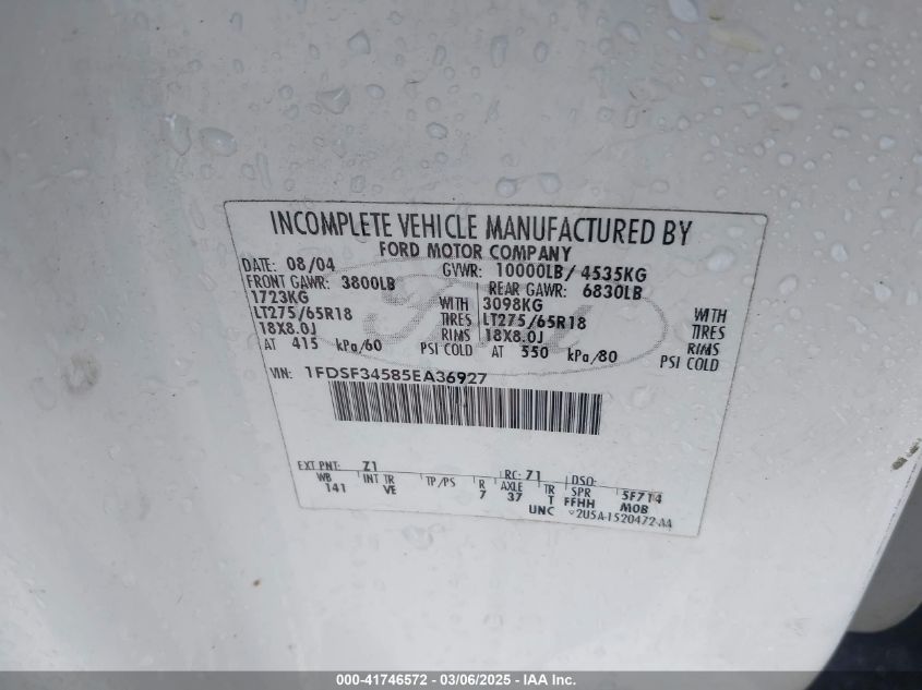 2005 Ford F-350 Xl/Xlt VIN: 1FDSF34585EA36927 Lot: 41746572
