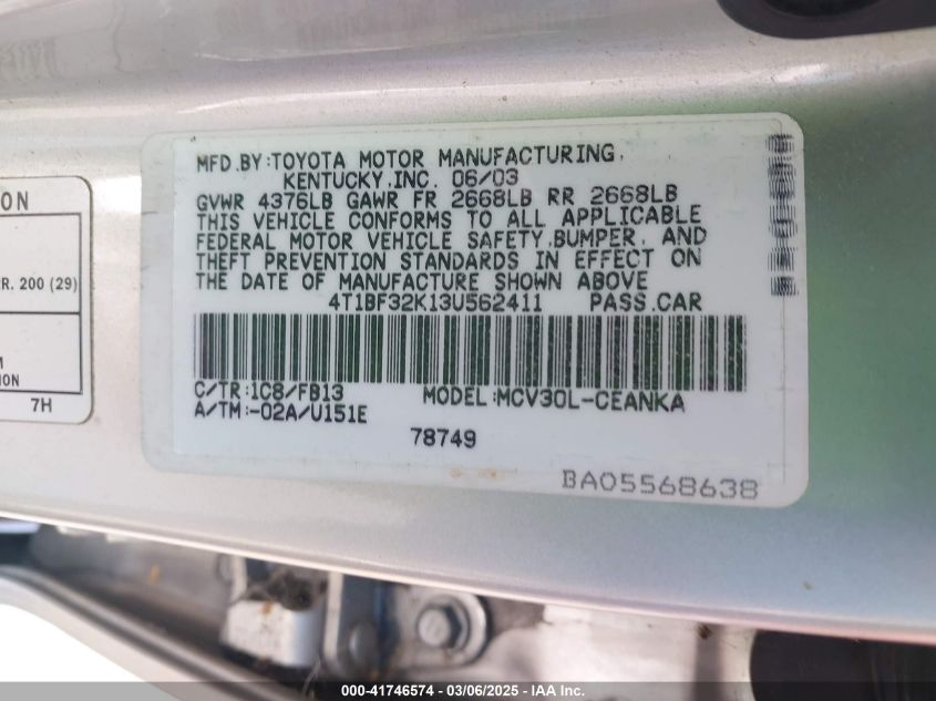 2003 Toyota Camry Le V6 VIN: 4T1BF32K13U562411 Lot: 41746574