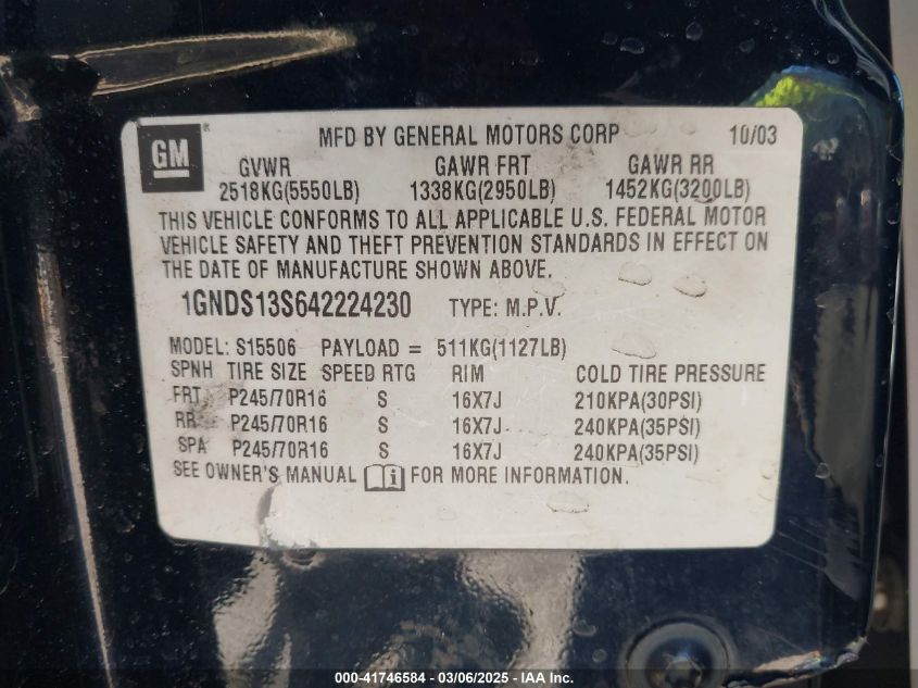 2004 Chevrolet Trailblazer Ls VIN: 1GNDS13S642224230 Lot: 41746584