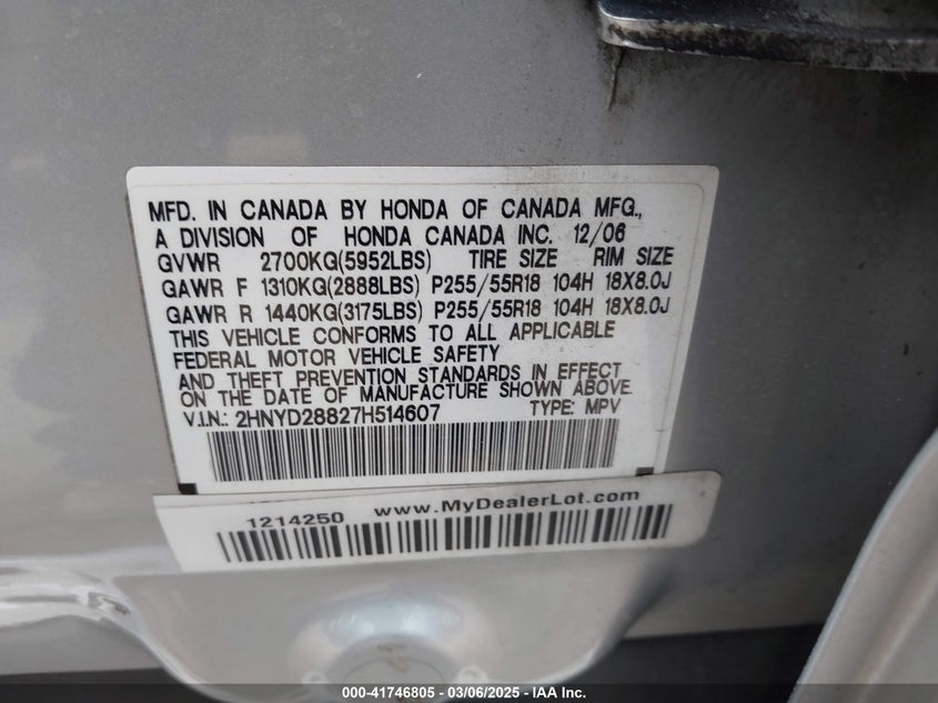 2007 ACURA MDX VIN: 2HNYD28827H514607