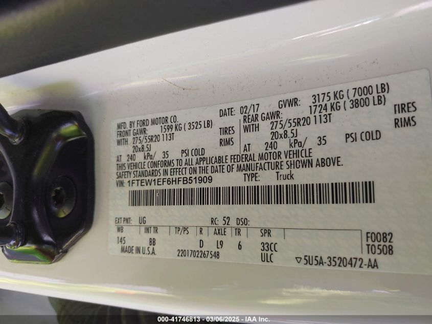2017 Ford F-150 Platinum VIN: 1FTEW1EF6HFB51909 Lot: 41746813