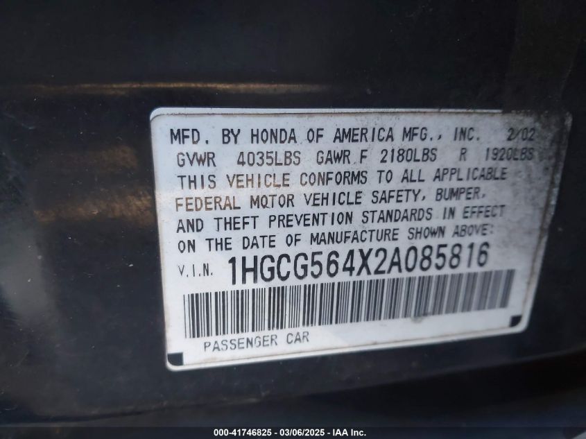 2002 Honda Accord 2.3 Lx VIN: 1HGCG564X2A085816 Lot: 41746825