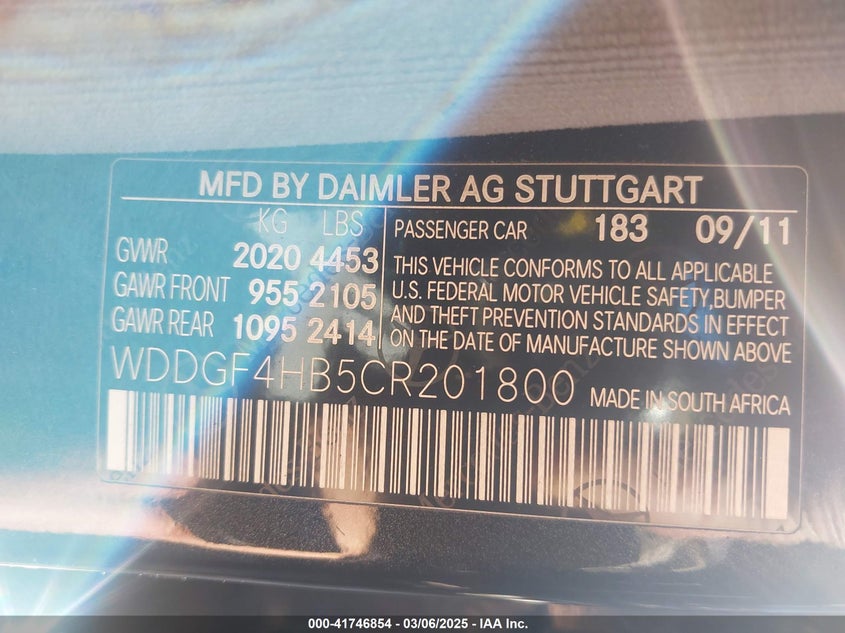 2012 MERCEDES-BENZ C 250 VIN: WDDGF4HB5CR201800
