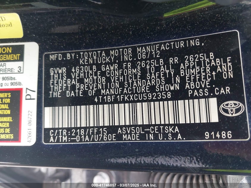 2012 TOYOTA CAMRY VIN: 4T1BF1FKXCU592358
