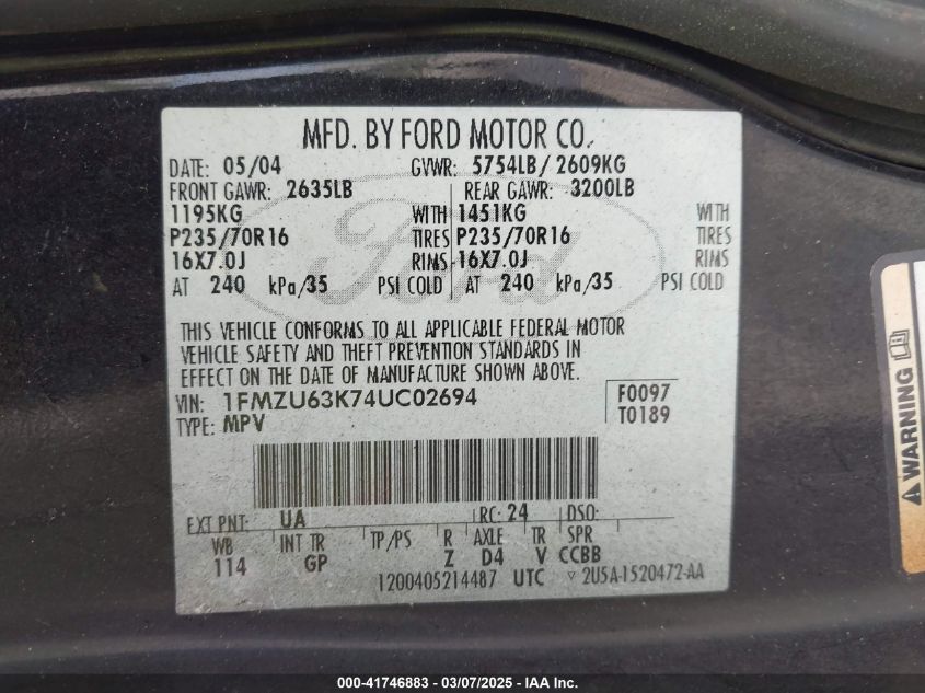 2004 Ford Explorer Xlt VIN: 1FMZU63K74UC02694 Lot: 41746883