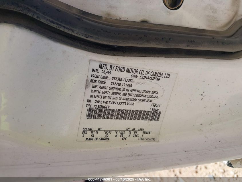 1999 Mercury Grand Marquis Gs VIN: 2MEFM74W1XX719306 Lot: 41746901