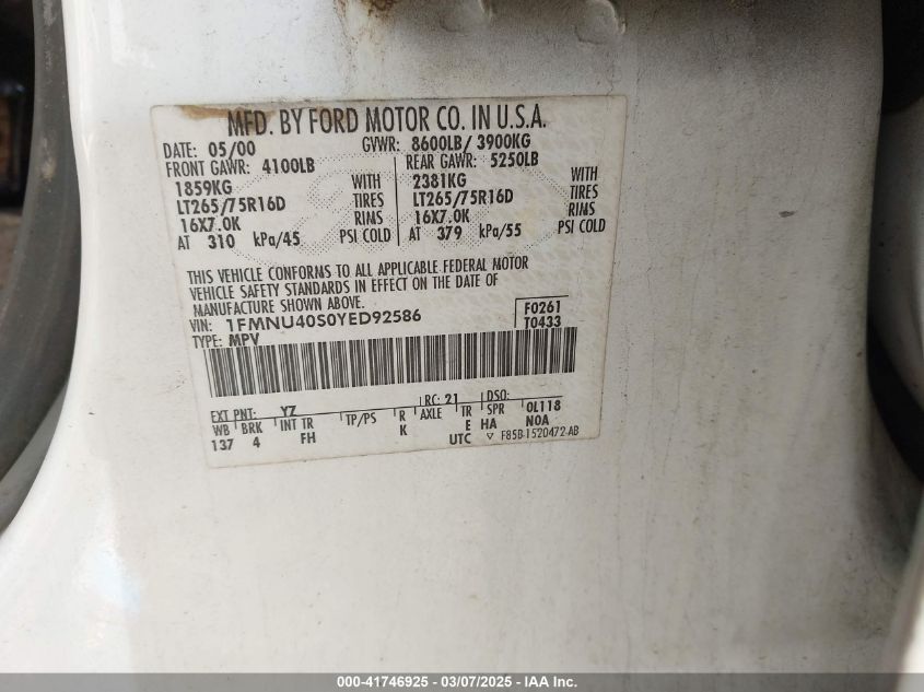 2000 Ford Excursion Xlt VIN: 1FMNU40S0YED92586 Lot: 41746925