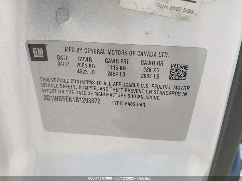 2011 CHEVROLET IMPALA VIN: 2G1WG5EK1B1293372
