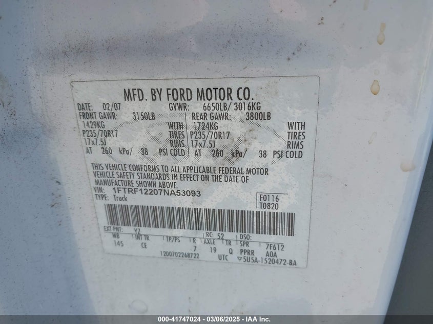 2007 Ford F-150 Stx/Xl/Xlt VIN: 1FTRF12207NA53093 Lot: 41747024