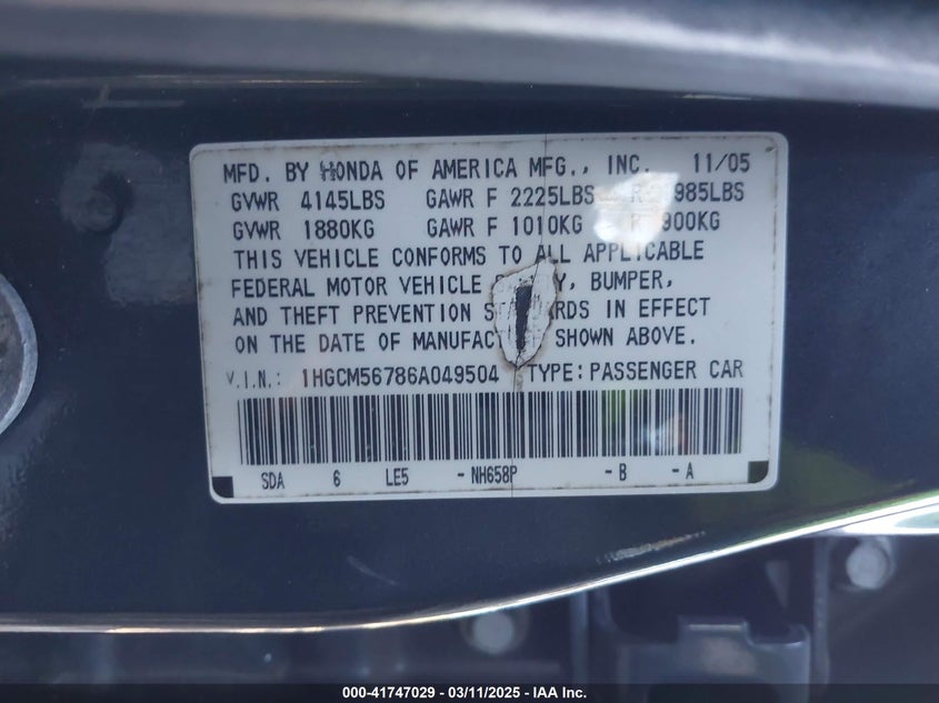 2006 Honda Accord 2.4 Ex VIN: 1HGCM56786A049504 Lot: 41747029