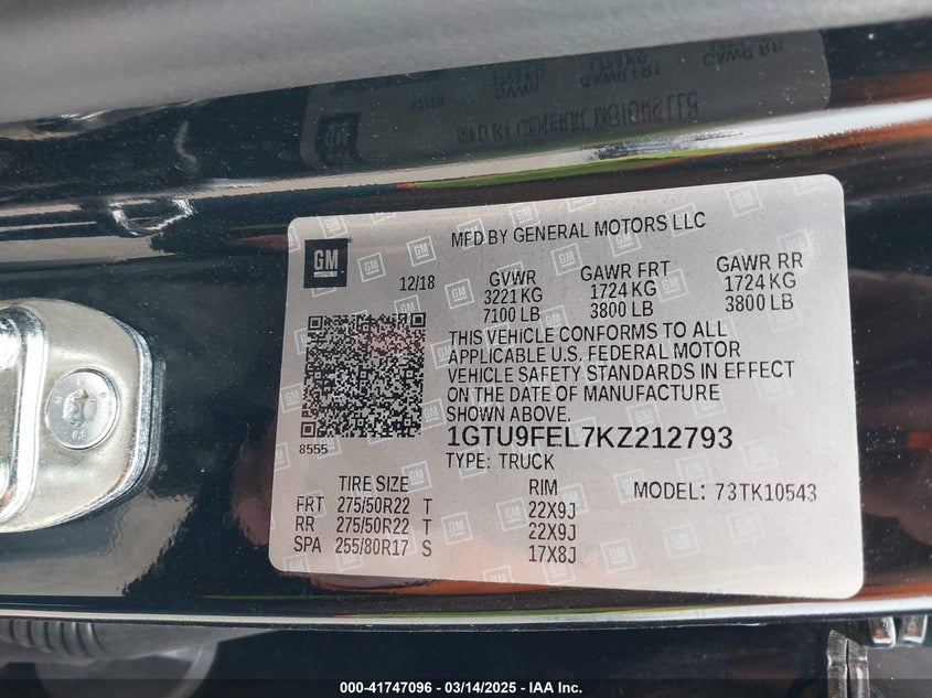 2019 GMC SIERRA 1500 VIN: 1GTU9FEL7KZ212793