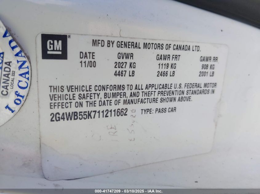 2001 Buick Regal Ls VIN: 2G4WB55K711211662 Lot: 41747209