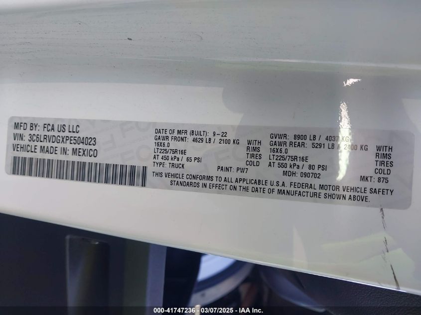 2023 Ram Promaster 2500 High Roof 159 Wb VIN: 3C6LRVDGXPE504023 Lot: 41747236