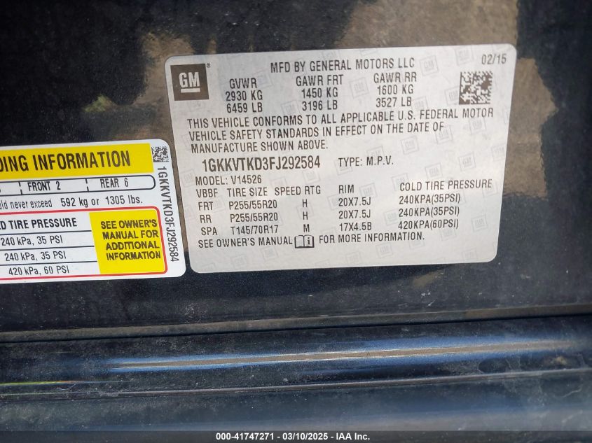 2015 GMC Acadia Denali VIN: 1GKKVTKD3FJ292584 Lot: 41747271