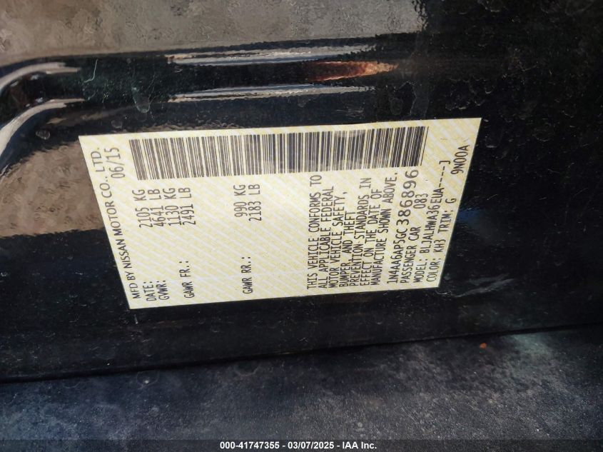 2016 Nissan Maxima 3.5 Platinum VIN: 1N4AA6AP5GC386896 Lot: 41747355