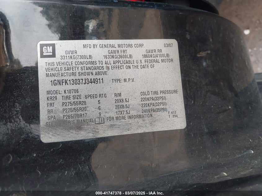 2007 Chevrolet Tahoe Lt VIN: 1GNFK13037J344911 Lot: 41747378