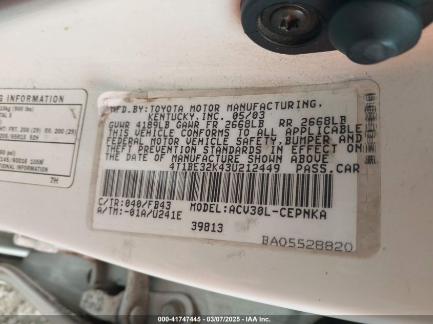 2003 Toyota Camry Le/Se/Xle VIN: 4T1BE32K434212449 Lot: 41747445