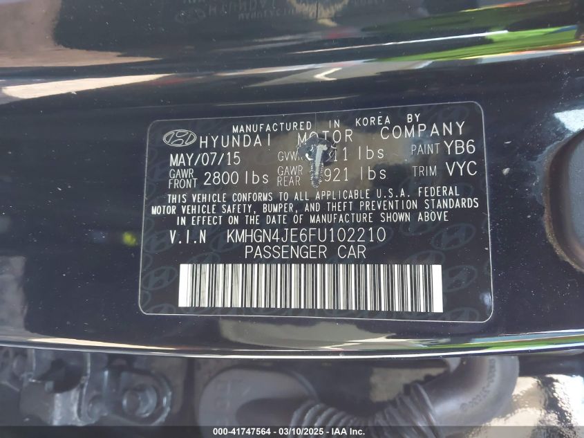 2015 Hyundai Genesis 3.8 VIN: KMHGN4JE6FU102210 Lot: 41747564