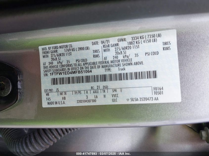 2021 Ford F150 VIN: 1FTFW0ED4MFB51064 Lot: 41747593