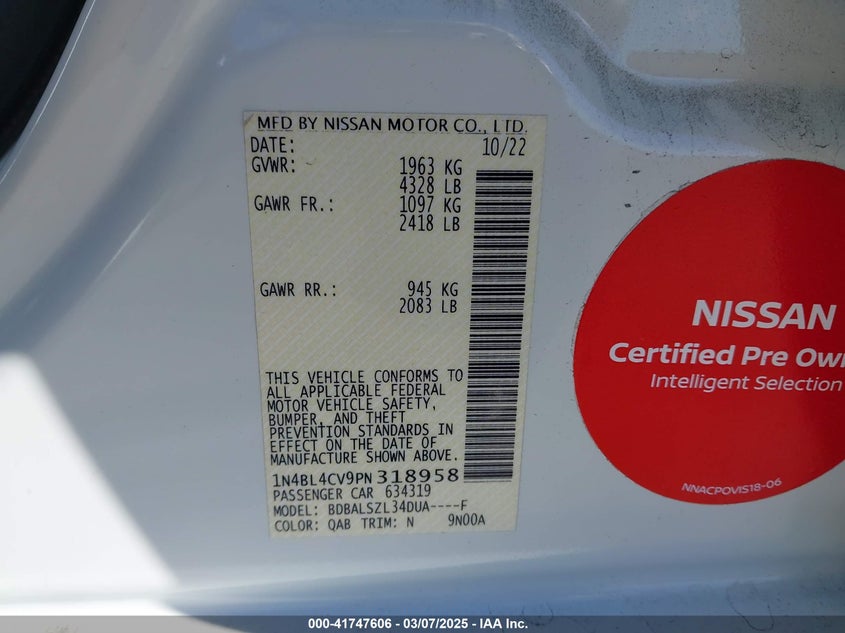 2023 NISSAN ALTIMA 2.5L I-4 DI, DOHC, V(VIN: 1N4BL4CV9PN318958