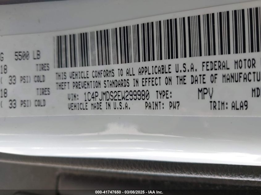 2014 Jeep Cherokee Limited VIN: 1C4PJMDS2EW299980 Lot: 41747650