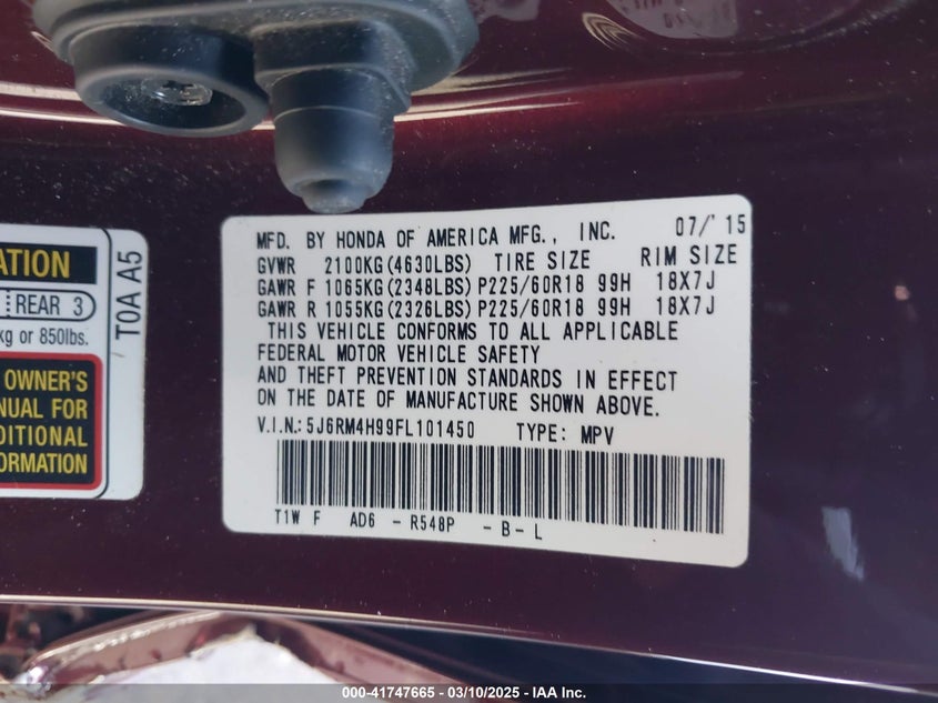 2015 HONDA CR-V TOURING - 5J6RM4H99FL101450