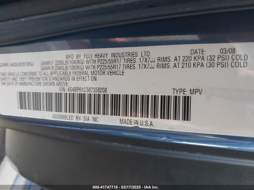 2008 SUBARU OUTBACK VIN: 4S4BP61C587358208