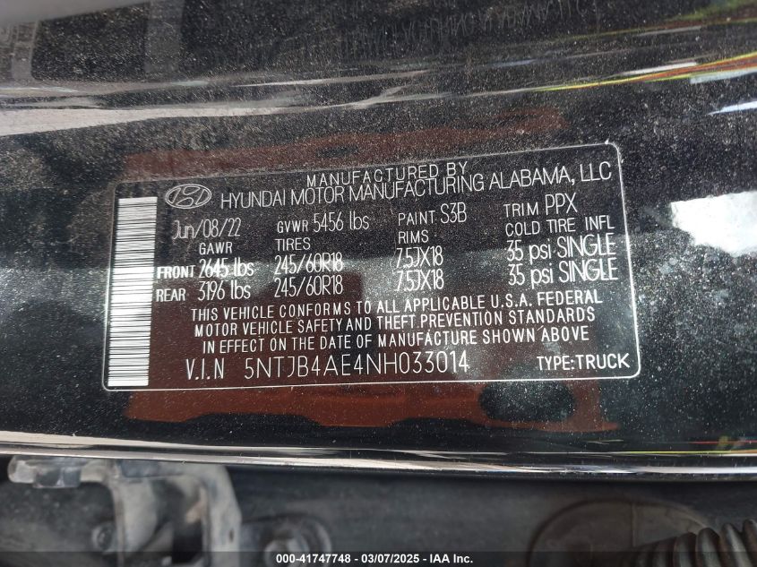 2022 Hyundai Santa Cruz Sel VIN: 5NTJB4AE4NH033014 Lot: 41747748