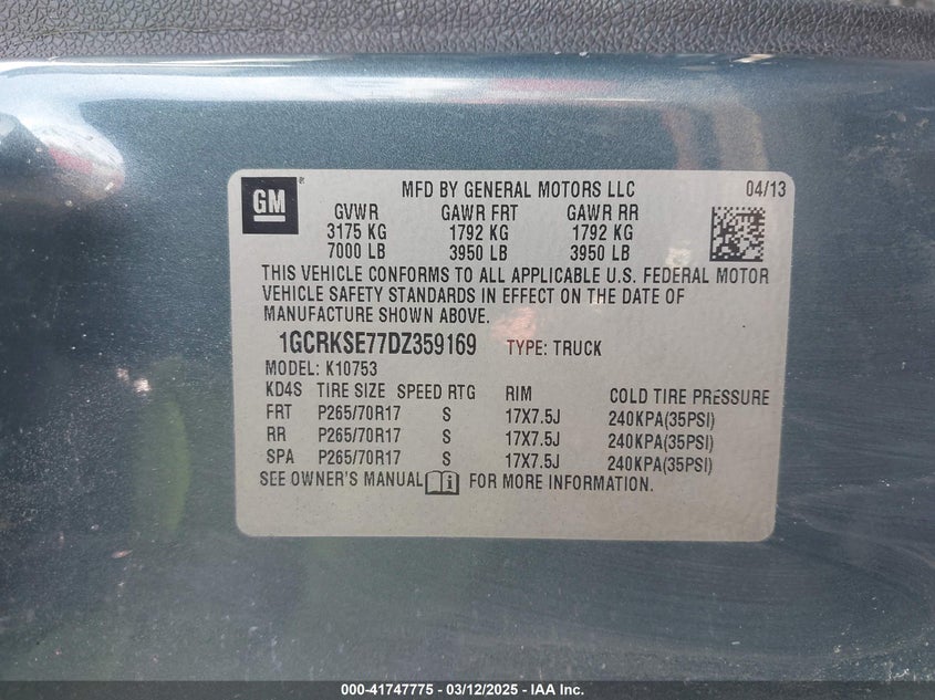 2013 CHEVROLET SILVERADO 1500 VIN: 1GCRKSE77DZ359169