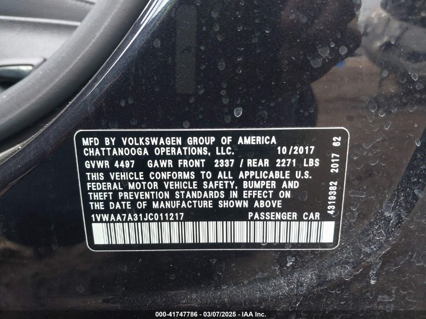 2018 Volkswagen Passat 2.0T R-Line/2.0T S VIN: 1VWAA7A31JC011217 Lot: 41747786