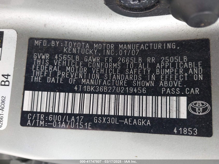 2007 TOYOTA AVALON VIN: 4T1BK36B27U219456
