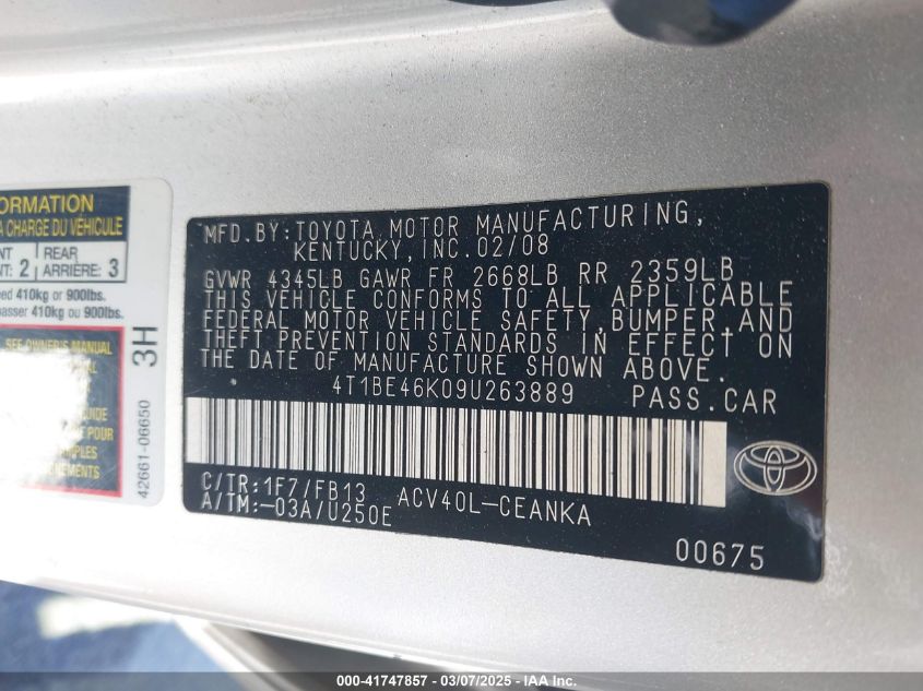 2009 Toyota Camry Le VIN: 4T1BE46K09U263889 Lot: 41747857