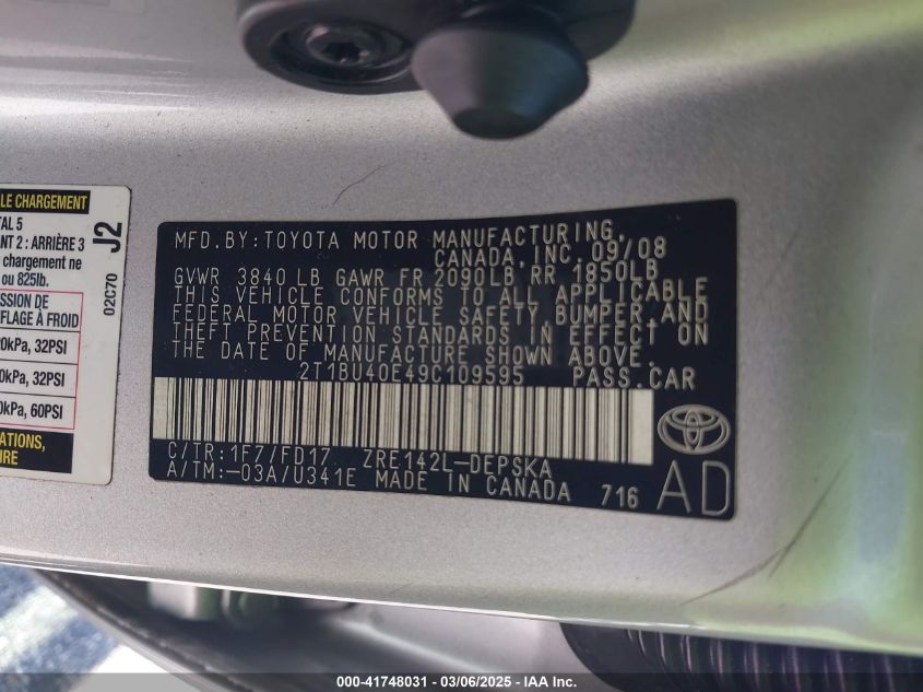 2009 Toyota Corolla S VIN: 2T1BU40E49C109595 Lot: 41748031